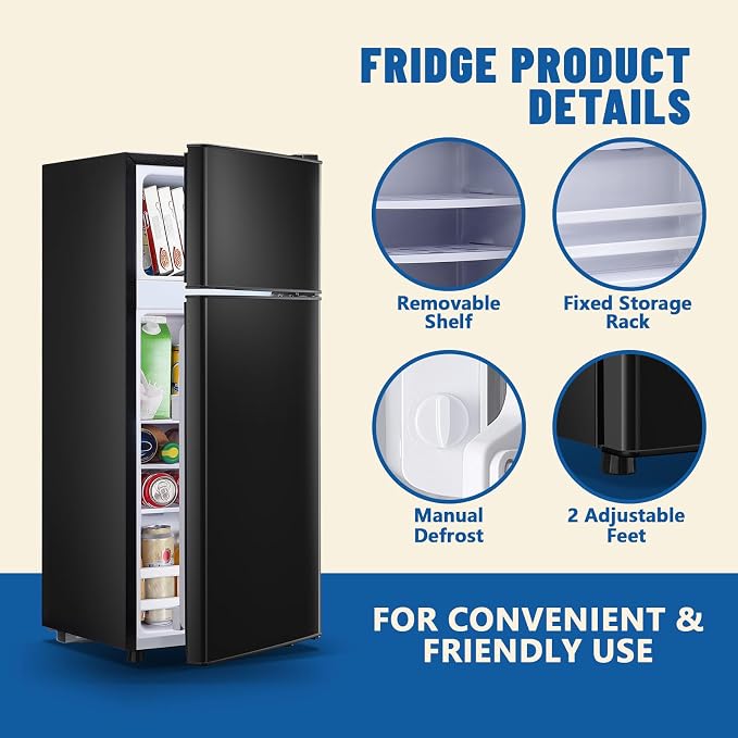 55L Capacity Black Refrigerator with Freezer Double Door Mini Fridge Small Apartment Refrigerator with 7 Adjustable Temp Control - Image 7