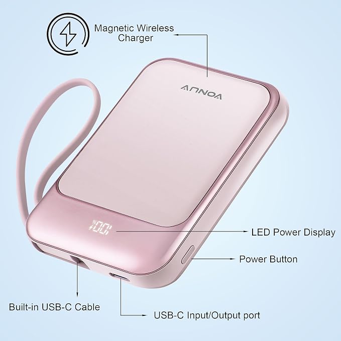 Magnetic Power Bank 10000mAh, Wireless Portable Charger with 15W Max Fast Charging & Built-in USB-C Cable, 22.5W PD LED Display Battery Pack Compatible with iPhone 17/16/15, Samsung Galaxy(pink) - Image 5