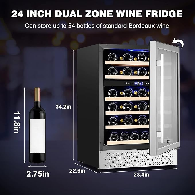 24 Inch Wine Fridge, Dual Zone 54 Bottles Wine Refrigerator, Built-In or Freestanding, Safety Lock, Double-Layer Glass Door, Adjustable Shelves, Wine Cooler Refrigerator for Home Bar Kitchen - Image 7