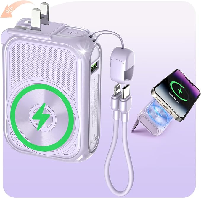 SEANCHEER P05 Portable Charger, Magnetic Power Bank, Small PowerBank, Battery Pack10000mAh Travel Essentials Fast Charging with Built in Cable, Foldable Wall Plug for iPhone,Samsung,Andriod (Purple) by SEANCHEER