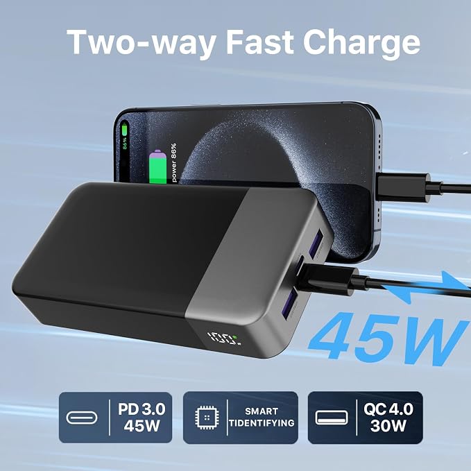 NOBIS Portable Charger, 20000mAh Power Bank, 45W Power Bank Fast Charging, Battery Pack with C to C Cable, Battery Bank with Digital Display for iPhone Android Laptop etc(Black) - Image 5