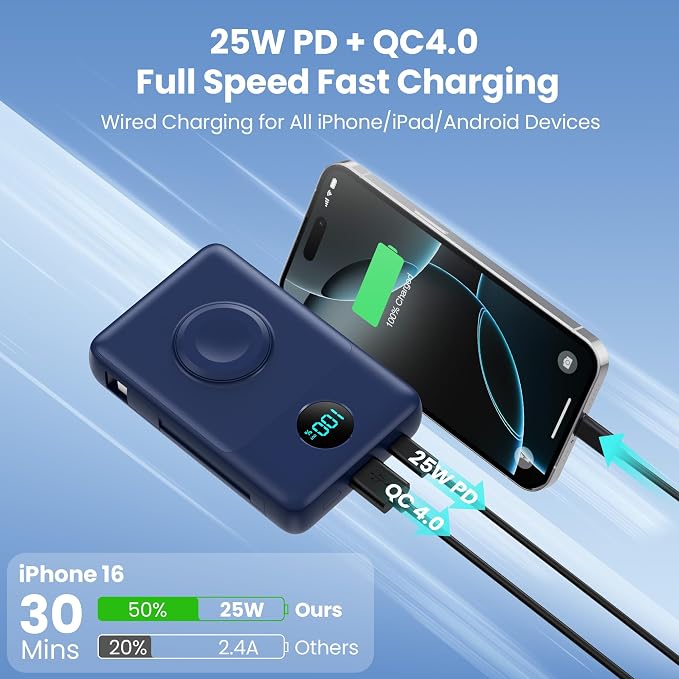 Magnetic Portable Charger for MagSafe with Built-in Cable,iWatch Charger,10800mAh Wireless Power Bank Travel Essentials,25W PD Fast Charging Battery Pack for iPhone 17/16/15/14/13/12,Apple Watch-Navy - Image 5