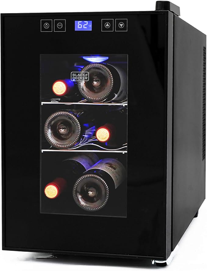 BLACK+DECKER 6-Bottle Thermoelectric Wine Cellar, BD60016, Black | Countertop Mini Fridge with Triple Pane Clear Glass Door, Bar Cabinet with LED Display, Slide-Out Chrome Racks by Unknown