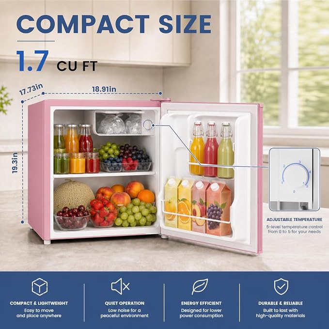 1.7 Cu.Ft Mini Fridge with Freezer for Dorm Office, Pink | Compact Refrigerator Office, Energy Saving Small Fridge Reversible Single Door, Low Noise for Bedroom Small Apartment - Image 2