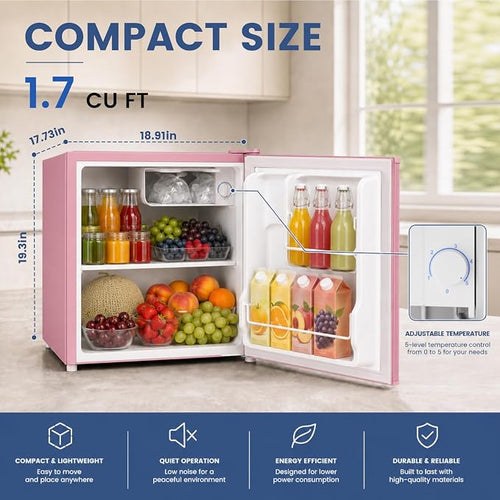 1.7 Cu.Ft Mini Fridge with Freezer for Dorm Office, Pink | Compact Refrigerator Office, Energy Saving Small Fridge Reversible Single Door, Low Noise for Bedroom Small Apartment - Image 2