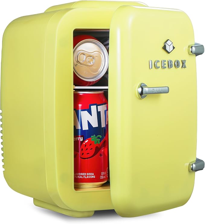 IceBox 4-Liter Mini Fridge Cooler/Warmer, IBMF4SUN, Sun Yellow | Portable Refrigerator Holds 6 Cans, Compact for Skincare, Beverages and Food, Includes 120V AC and 12V Car Adapters by ICEBOX