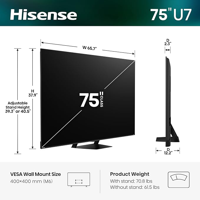 Hisense 75" U7 Mini-LED ULED 4K UHD Best Premium Gaming Smart Google TV (75U7SG, 2026 NEW) - Hi-QLED, Native 165Hz, VRR 330, HDR10+, Dolby Vision IQ·Atmos, IMAX Enhanced, Anti-Reflection, 2.1.2 Ch - Image 3