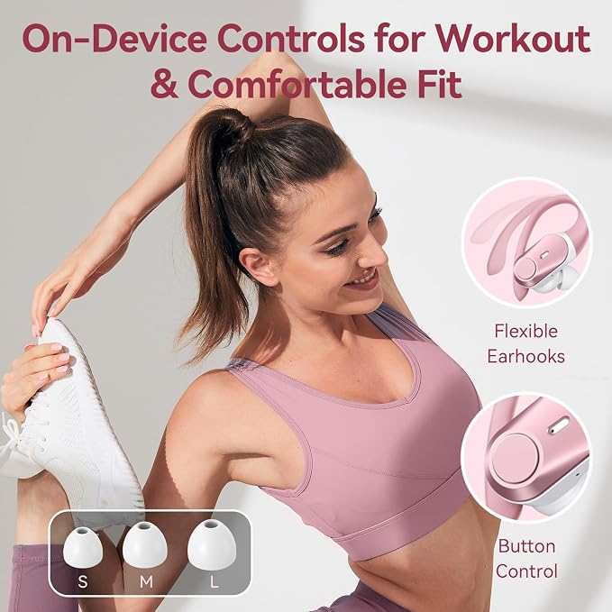 Active Noise Cancelling Ear Buds Wireless Earbuds 80H Playtime Bluetooth Headphones with LED Display Case, Hi-Res Audio Clear Calls Earphones with Over Ear Hooks for Running Gym Workout Travel Rouge - Image 9