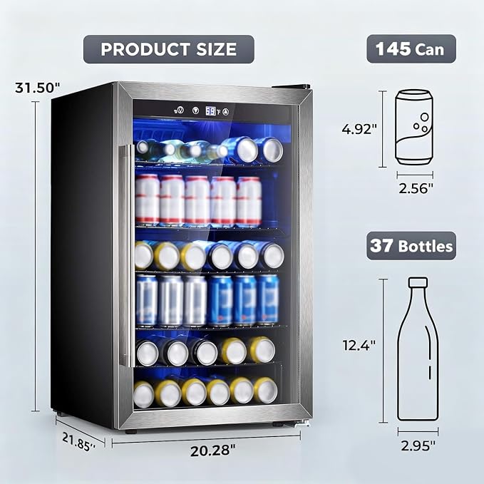 Electactic Wine Cooler 37 Bottle Freestanding Fridge with Stainless Steel Reversible Glass Door, 145 Can Beverage Refrigerator Quiet Compressor for Home Kitchen Bar, 4.5 Cu.ft Silver - Image 2