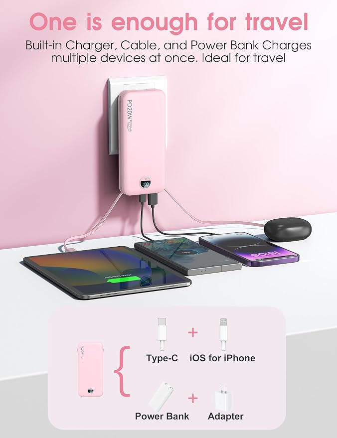 Portable Charger, 10000mAh PD20W Fast Charging Power Bank with Built-in Cables & Wall Plug, External Battery Pack with LED Display, Travel Essentials Battery Bank for iPhone, iPad, Samsung Fairy Pink - Image 4