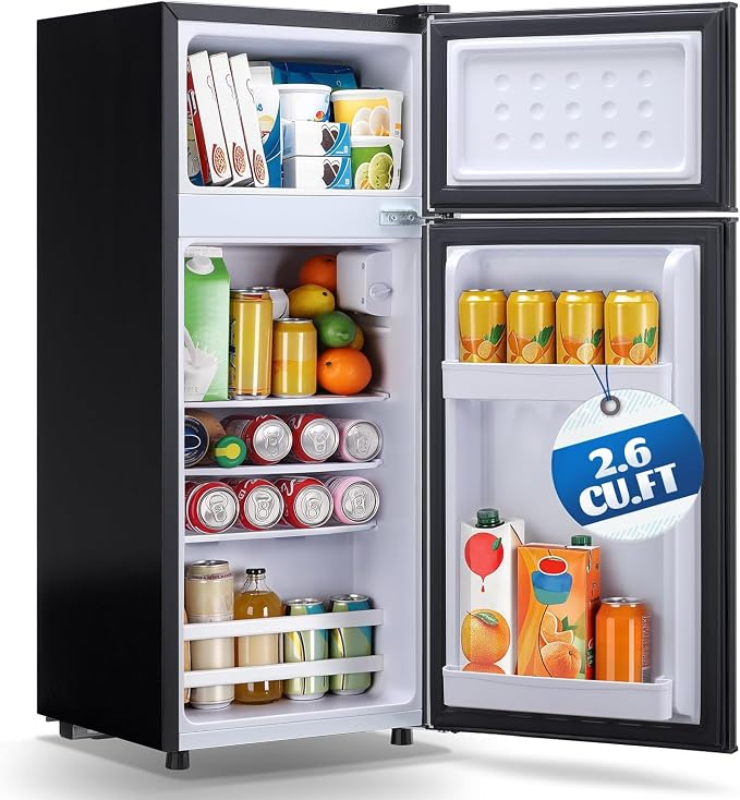 Mini Fridge with Freezer Ample Capacity 2.6 CU.FT Small Refrigerator with Top Freezer & 7 Adjustable Temperature 2 Door Small Fridge for Office, Dorm, Bedroom Black by DEMULLER