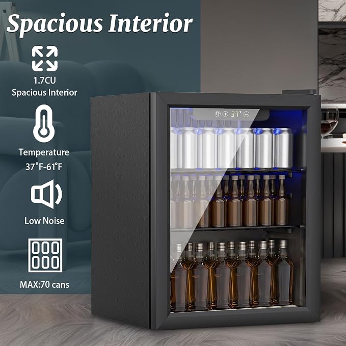 70 Can Mini Fridge, 1.7 Cu.Ft Beverage Refrigerator Glass Door | Compact Drink Fridge with Reversible Door for Soda Wine Beer, Quiet Small Cooler for Home Office Bar, Black (37-61 ℉) - Image 5