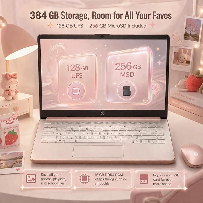 HP 14 Laptop for Students and Home Use, Intel Processor N150, 16GB RAM | 128GB UFS+256GB MSD, 14" HD Display, Wi-Fi 6, 1-Year Microsoft 365, Copilot AI Key, Lightweight, Pale Rose Gold, W/Mouse - Image 5