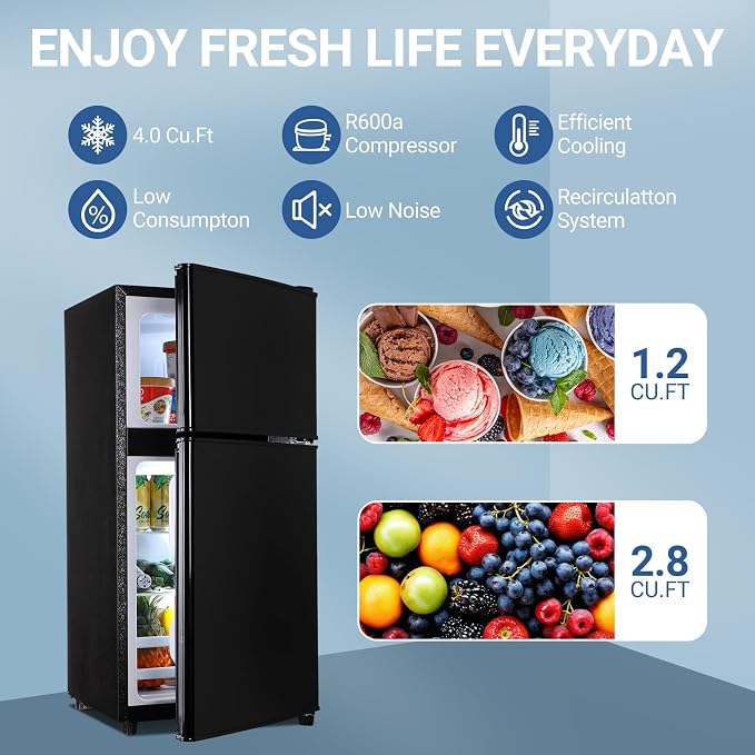 Mini Fridge with Freezer 4.0 Cu. Ft. Small Refrigerator with Freezer Black | 7-Level Adjustable Temperature, Compact Apartment Fridge Removable Shelves for Dorm, College, Office - Image 4