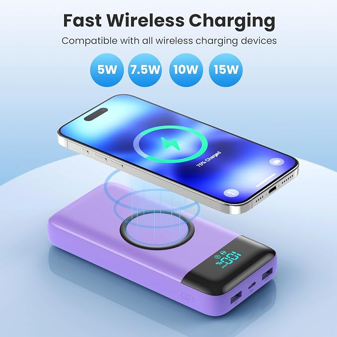 Wireless Portable Charger 40800mAh for iPhone with 3 Built-in Cables,7-in-1 15W Wireless Charging USB C Power Bank,25W PD Fast Charging Travel Essential Battery Pack for iPhone 17/16/15,Android-Purple - Image 2