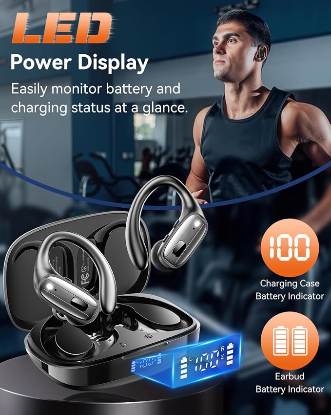 Wireless Earbuds with Ear Hooks, Running Headphones, Ear Buds for Sports | 80H Long Playtime, Noise Cancelling, Physical Button Control, LED Display, IPX7 Waterproof Workout Earphones, Black - Image 2