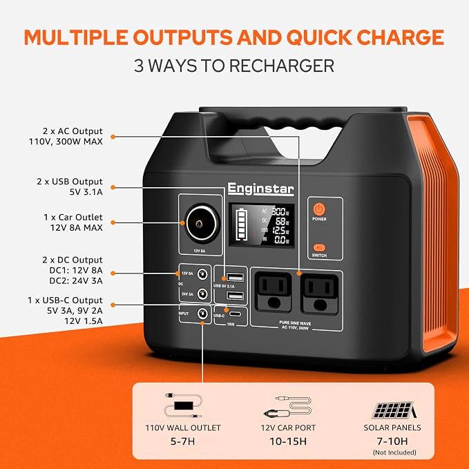 EnginStar Portable Power Station 300W 296Wh Battery Bank with 110V Pure Sine Wave AC Outlet for Outdoors Camping Hunting and Emergency, 80000mAh Backup Battery Power Supply for CPAP - Image 4