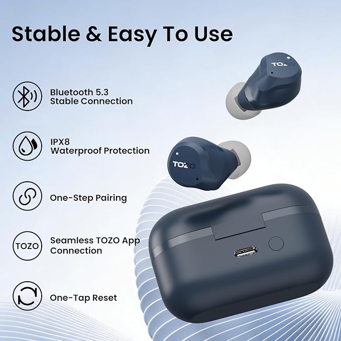 TOZO NC9 Hybrid Active Noise Cancelling Wireless Earbuds, 60H, LED Display | 6 Mic ENC Clear Calls, Deep Bass Sound, IPX8, in Ear Bluetooth 5.3 Headphones,32 EQs via APP, Comfort Fit Ear Buds, Blue - Image 9