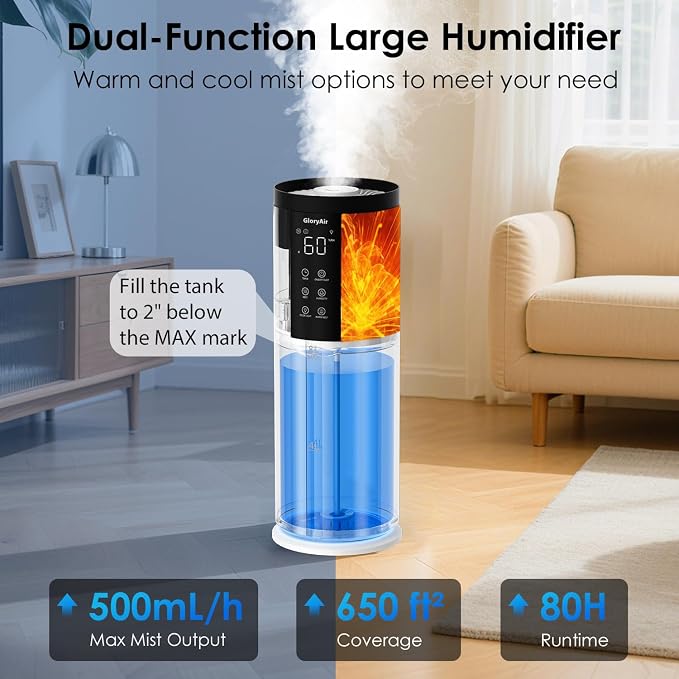 Humidifiers for Bedroom - GloryAir 2.11Gal (8L) Quiet Top Fill Cool & Warm Mist Humidifier Large Room 650 ft² with Humidistat, diffuser, Auto Mode, 7-Color Light for Plants, Baby,Adults, Office & Home - Image 3