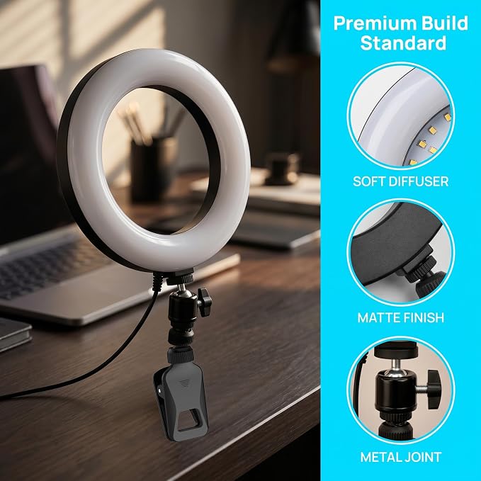 6" Ring Light with Desk Tripod Stand and Clip | Video Conference Lighting - Image 8