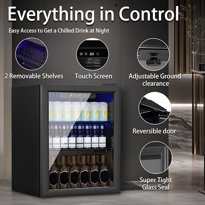 Compact 70 Can/1.7Cu.Ft Mini Fridge, Reversible Glass Front Door | For Soda, Beer or Wine, Portable Small Beverage Refrigerator with Digital Display & Removable Shelves for Office, Dorm, Bar - Image 3