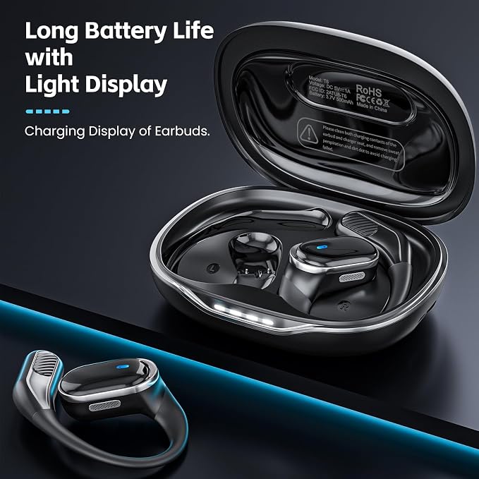 Open Ear Wireless Earbuds Bluetooth Headphones, 80H Playtime Stereo Ear Buds with ENC Noise Cancelling, Fast Charging, IPX7 Waterproof Sports Earphones with Earhook for Running/Workouts (Black) - Image 3