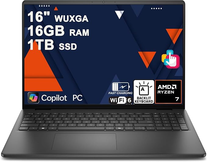 Dell 16 Laptop 16" WUXGA Touchscreen AMD 8-core Ryzen 7 250 16GB RAM 1TB SSD Backlit ExpressCharge Wi-Fi6 for Creator Designer Business Professional Work Win11 by Dell