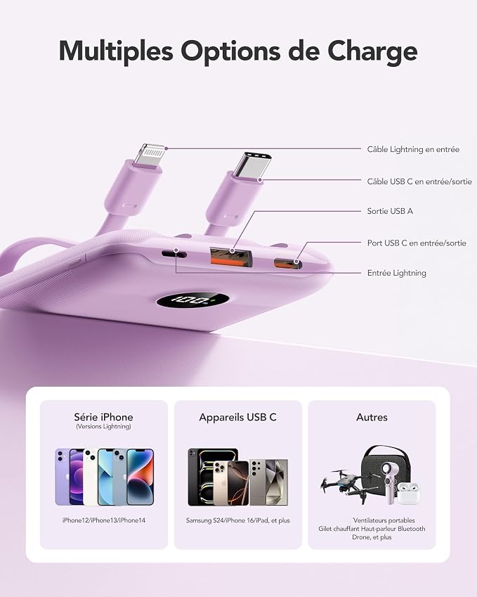 Mini Portable Charger with Built-in Cables 22.5W Fast Charging Power Bank USB-C Small Battery Pack 10000mAh Travel Essential Slim Battery for iPhone 17/16/15/14, Samsung 25/24, and More - Image 5