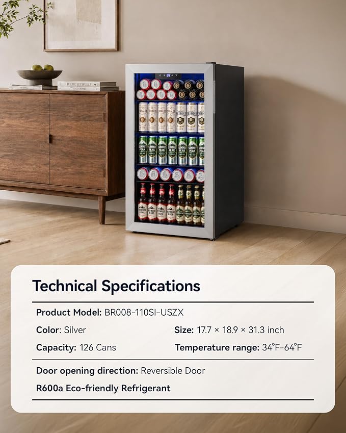 Feelfunn Beverage Refrigerator Cooler - 126 Can Mini Fridge Glass Door for Drinks Soda Beer Wine - Small Refrigerator for Office Bedroom Home Bar, 4 Adjustable Shelves, 3.2 Cu.Ft, Silver - Image 9