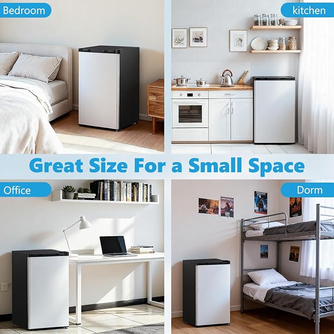 COWSAR 3.2 Cu.Ft Mini Fridge with Freezer for Bedroom Office, Silver | Single Reversible Door, 7 Temperature Settings, Energy Saving, 2 Removable Shelves, Compact Fridge for Apartment Dorm - Image 7