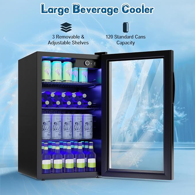 COSTWAY 120 Can Mini Beverage Fridge, Freestanding Beverage Refrigerator Cooler with Glass door, Removable Shelves for Soda Beer Wine, Small Drink Bar Fridge for Home Living Bedroom, 3.2 Cu.Ft | Cooler with Glass door, Removable Shelves for Soda Beer W... - Image 2