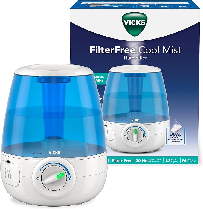 Vicks Filter-Free Ultrasonic Humidifier, Recommended by Pediatricians, 1.2 Gal Ultrasonic Cool Mist Humidifiers for Bedrooms & Kids Rooms, Works with Vicks VapoPads by VicksDevices
