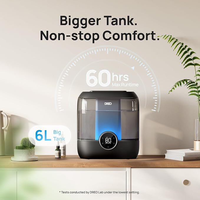 DREO Smart Humidifiers for Bedroom, 6L Top Fill Supersized Cool Mist Humidifier for Large Room, 60 Hour Runtime, Quiet Ultrasonic Humidifier for Plants, Indoor, Home, Night Light, Black - Image 4