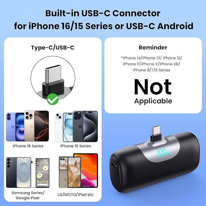 Mini Portable Charger for iPhone 17/16/15 Series,Upgraded 5500mAh PD Fast Charging USB-C Power Bank,Travel Pocket Size Portable Phone Charger for iPhone17/17Pro/17Pro Max/Air/16/15,Samsung,Android etc - Image 2