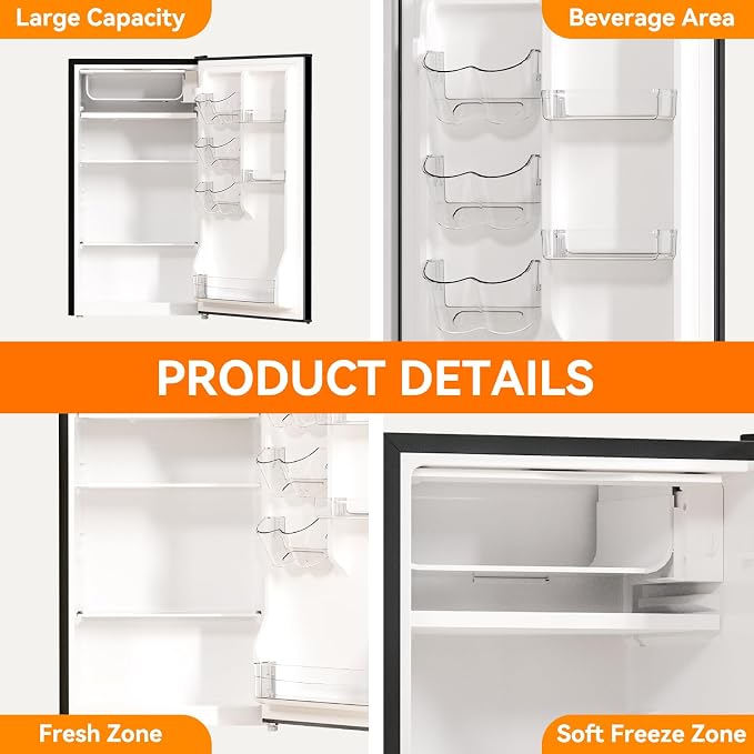 3.2 Cu. Ft. Single Door Mini Fridge with Freezer, Adjustable Thermostat, Energy Saving Low Noise Small Refrigerator for Bedroom Office Dorm, Black - Image 4