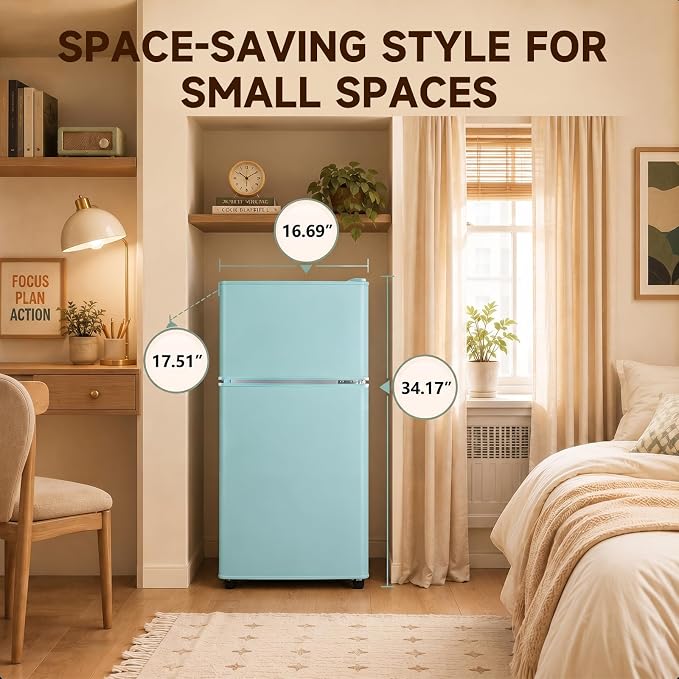 Anypro 3.2 Cu.Ft Fridge with Freezer with 2 Doors, Refrigerator with 7 Level Temperatures, LED Light, Adjustable Shelves, Food Storage Cooling Drink for Bedroom, Office, Dorm, Apartment, Green - Image 6