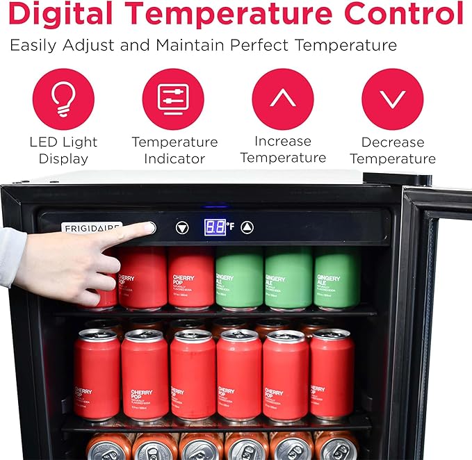 Frigidaire Beverage Refrigerator, Fridge with Glass Door, Compact Mini Fridge with Digital Temperature Control, Fits 115 Cans or 34 Bottles, 96L Capacity - 19.1" D x 17.5" W x 31.2" H - Image 7