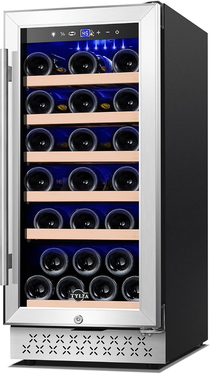 Wine Fridge 15'', 30 Bottles Wine Cooler Refrigerator, Undercounter or Freestanding, Removable Shelves, 40-65°F, Wine Cabinet with Double Glass Door, Wine Cooler for Home, Kitchen, Bar by TYLZA