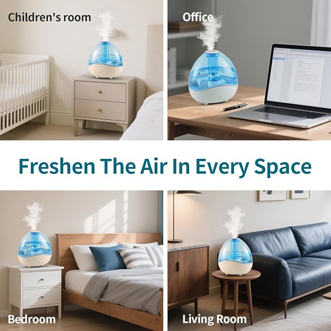 1.5L Cool Mist Humidifier for Bedroom with 360° Adjustable Nozzle, Quiet Ultrasonic Air Humidifier For Babies Nursery, Office, Indoor Plants, Auto-Shut Off,Light-Off,High and Low Mist Levels - Image 5