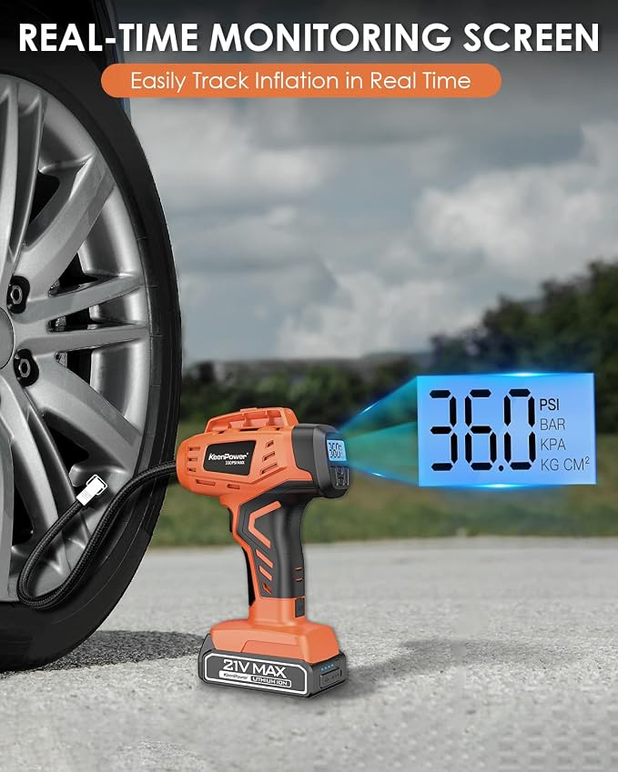 KeenPower Tire Inflator Air Compressor, 21V Cordless Car Tire Pump with Rechargeable Li-ion Battery, 12V Car Power Adapter, Digital Pressure Gauge, Suitable for Cars E-bikes Balls Motorcycles - Image 7
