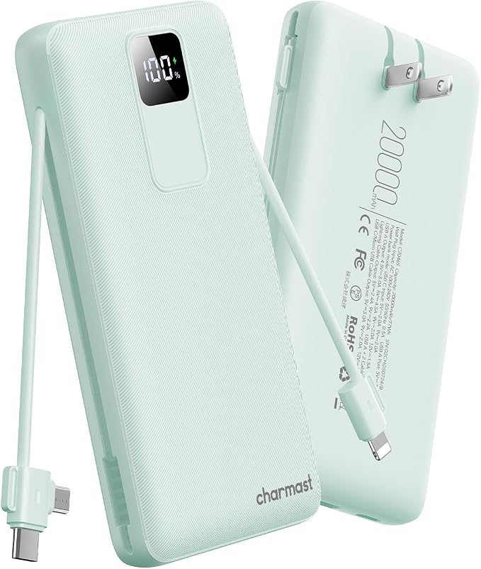 charmast Portable Charger with Built-in Cables and Wall Plug, 20000mAh 20W USB C Power Bank Fast Charging Battery Pack Compatible with iPhone iPhone 16/15/14/13 Series, Samsung Google iPad etc by Charmast