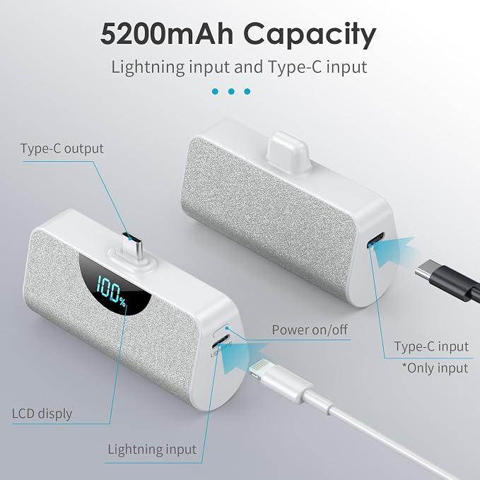 [2-Pack] Mini Portable Charger 5200mAh Power Bank,3A PD USB C Cell Phone Portable Power, LCD Display Battery Pack Compatible with iPhone 17/17 Air/16/16 pro/15/15 pro Max/Android/Samsung/Moto/LG etc - Image 6