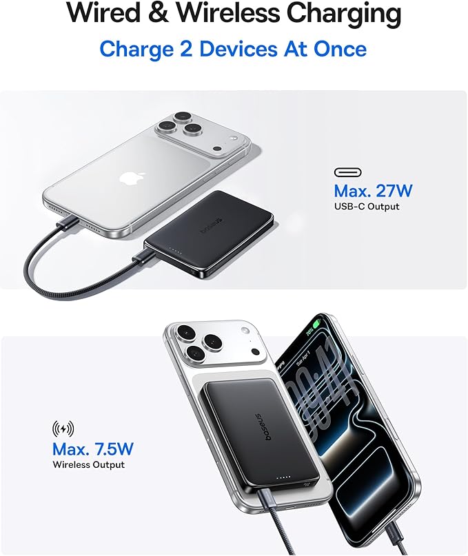 Baseus Picogo Power Bank, 0.5" Ultra Slim 10000mAh MagSafe Portable Charger, 27W Fast Charging Magnetic Battery Pack, Upgraded Polished Alloy Wireless Charger for iPhone 17 Pro Max/Air/16/15/14/13/12 - Image 3