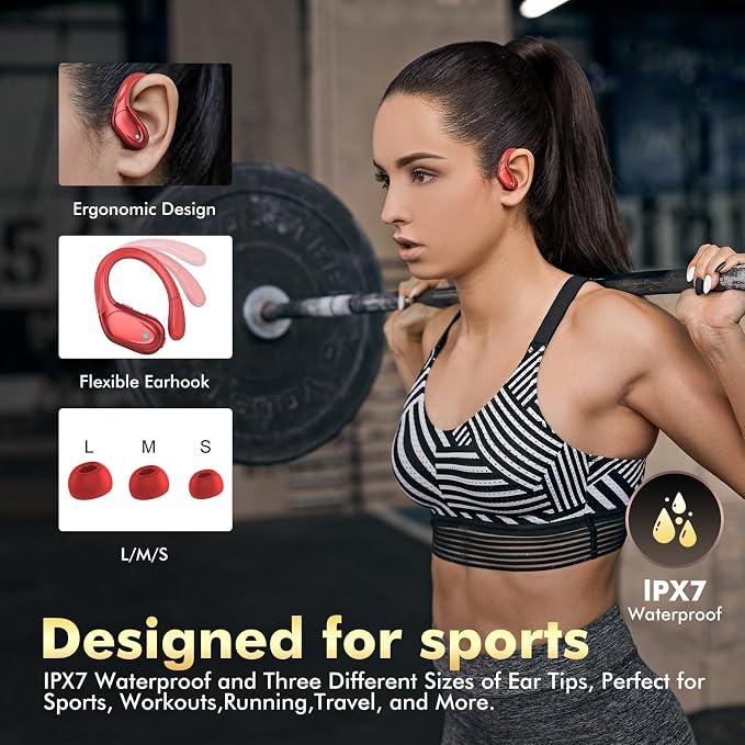 HAOYUYAN Wireless Earbuds, Sports Bluetooth Headphones, Noise Canceling Ear Buds with 80hr Playtime, LED Power Display, IPX7 Waterproof Earphones for Gym/Workout（Red） - Image 5