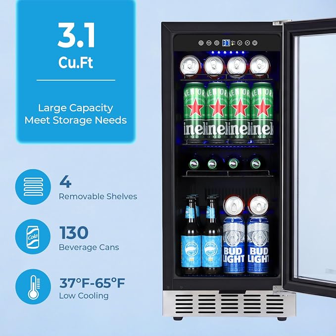 15 Inch Beverage Refrigerator Under Counter, 130 Cans Beverage Fridge Built-in or Freestanding, 15" Drink Cooler with Glass Door, Blue LED Light, Safety Lock - for Home/Kitchen(3.1 cu.ft) - Image 4