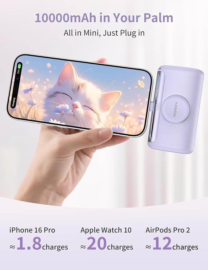 RORRY PalmGo Portable Charger, 10000mAh PD 22.5W Fast Charging Mini Power Bank with Built-in USB C Connector, 3-in-1 Battery Pack for iPhone 17/16/15 Pro/Max, Apple Watch Ultra/11/10/SE, iPad, Purple - Image 2
