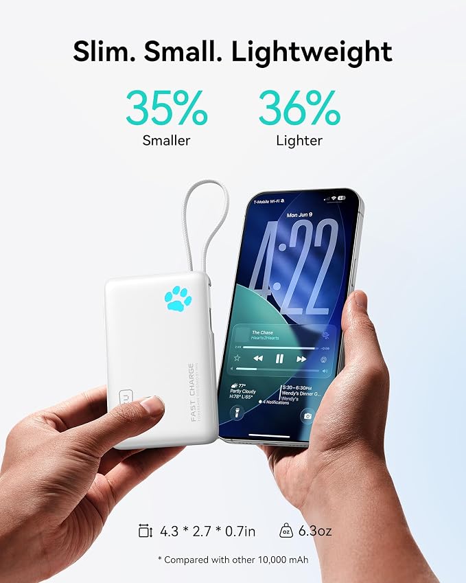 INIU Portable Charger, Slim 45W 10000mAh Power Bank with Build in USB-C Cable for Travel, Fast Charging USB C in&Out Battery Pack, External Phone Charger for iPhone 17 16 15 Samsung S25 S24 Google etc - Image 3