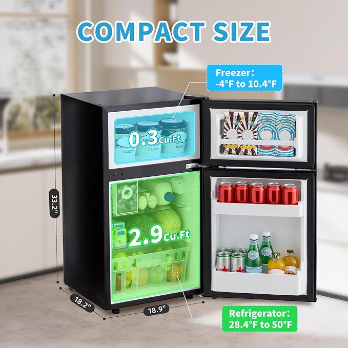 Erivess 2 Door Mini Fridge with Freezer, 3.2 Cu.Ft Refrigerator and Freezer, Adjustable Thermostat, Energy Efficient, Low Noise, Small Refrigerator for Bedroom, Dorm, Office - Image 2