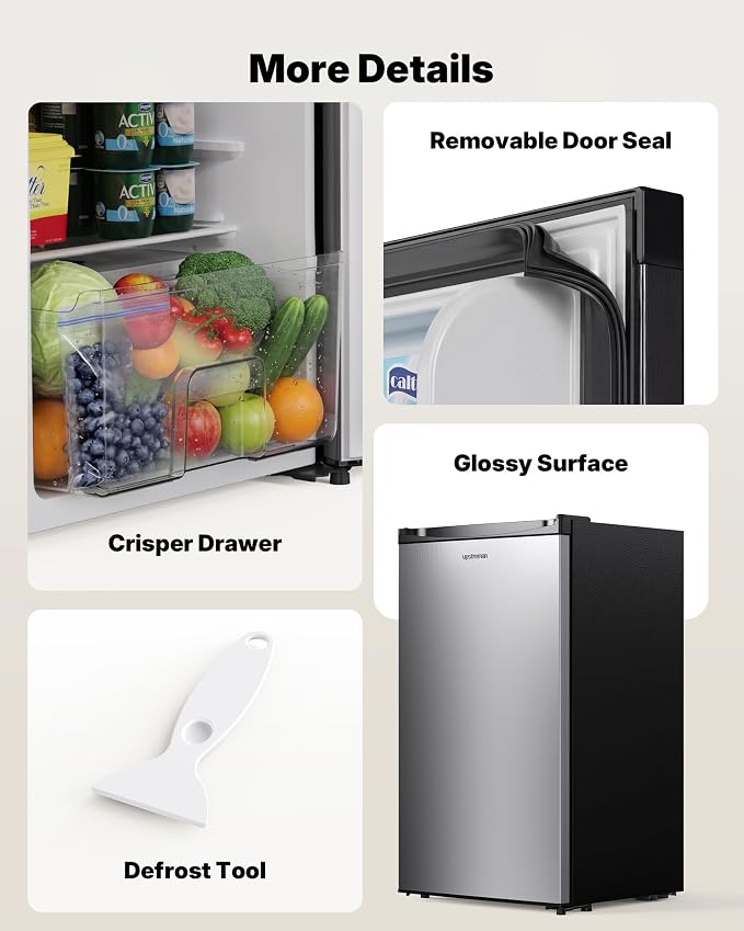 Upstreman 3.2 Cu.Ft Mini Fridge with Freezer, Stainless Steel-SR321 | Adjustable Thermostat, Energy Saving, Low Noise, Reversible Door, Small Refrigerator for Dorm, Bedroom, Office - Image 7