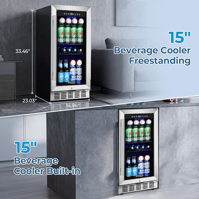 15 Inch Beverage Refrigerator Under Counter, 130 Cans Beverage Fridge Built-in or Freestanding, 15" Drink Cooler with Glass Door, Blue LED Light, Safety Lock - for Home/Kitchen(3.1 cu.ft) - Image 7